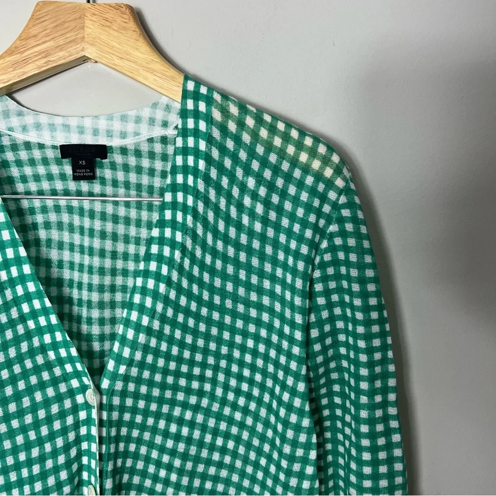 J. Crew Collection Gingham Green White Cardigan Sweater Long Cotton XS 190